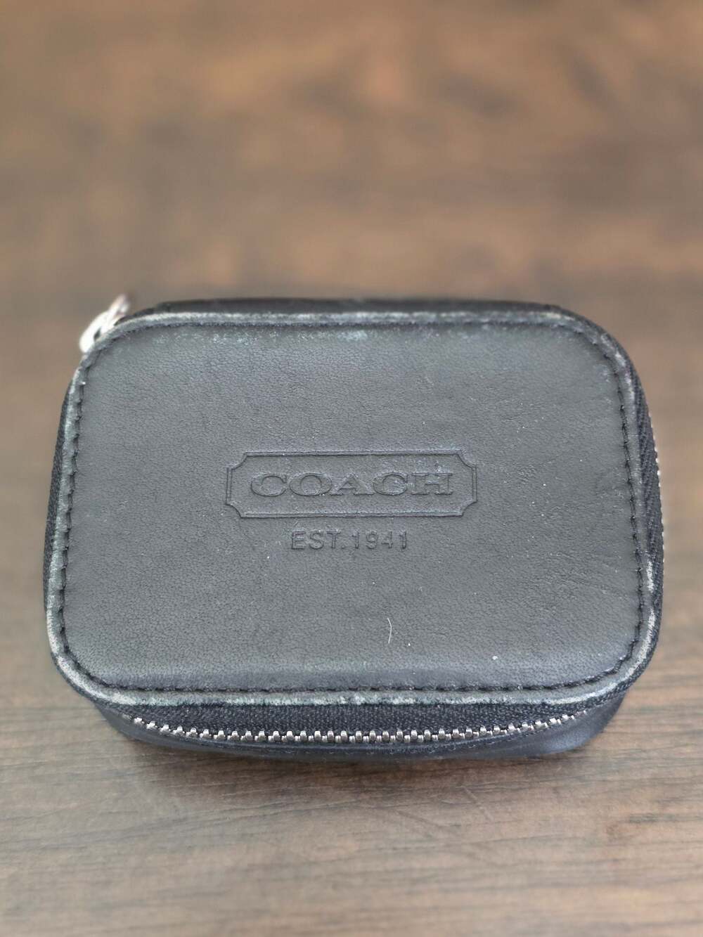 Vintage Coach Black Embossed Leather Zip Travel Pill Box Case